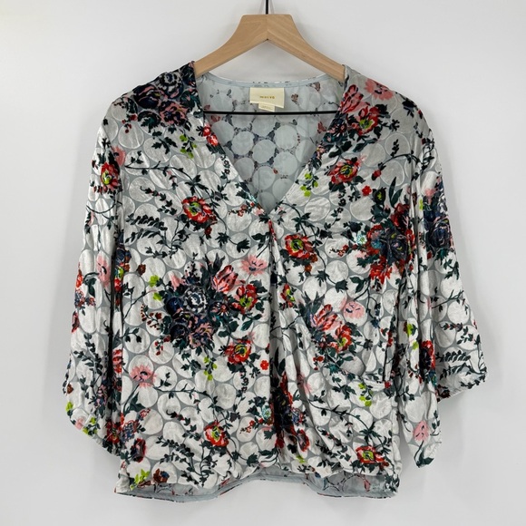 Anthropologie Maeve Umi Velvet Burnout Floral Faux Wrap Top S Feminine Oversized - Picture 2 of 6